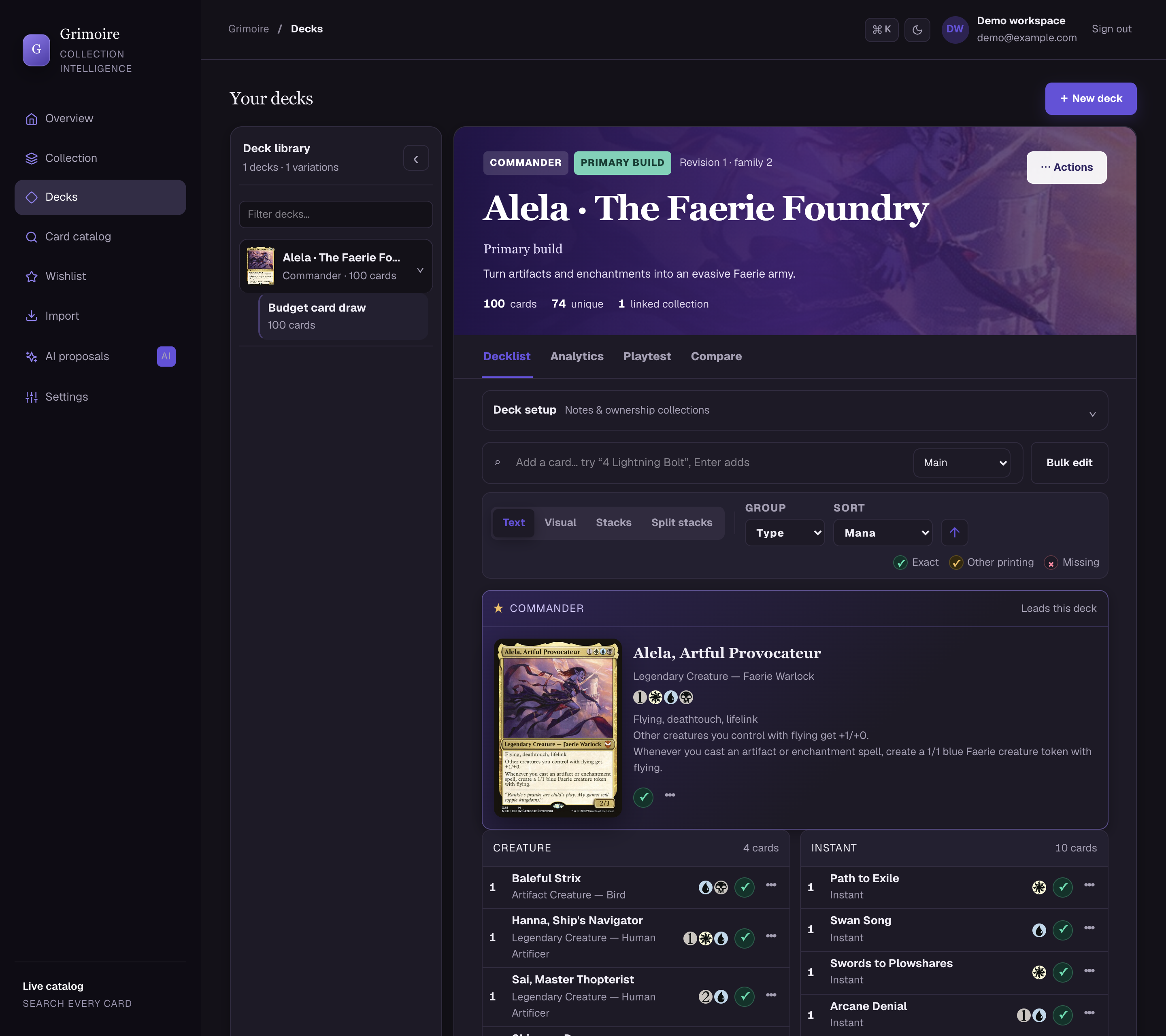 Alela Commander deck in Grimoire with card artwork, deck views, and a budget variation in the library