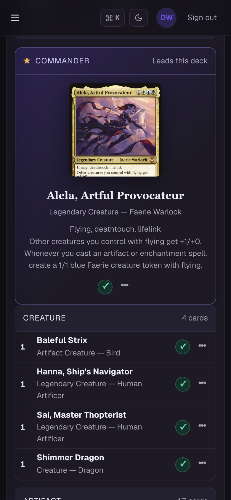 Grimoire on a mobile screen with the commander card, ownership indicators, and a compact creature list