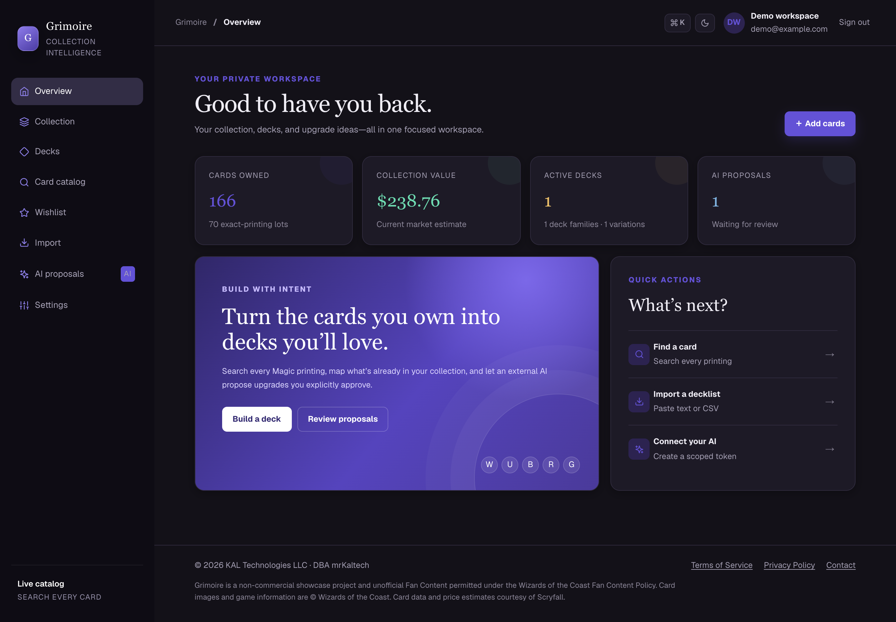 Grimoire demo dashboard with owned cards, collection value, active decks, and AI proposals awaiting review