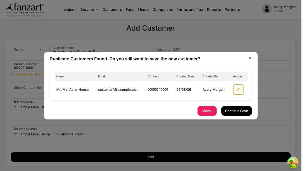 Duplicate customer confirmation showing fictional Aster House’s contact details, creation date, creator, and Cancel and Continue Save options