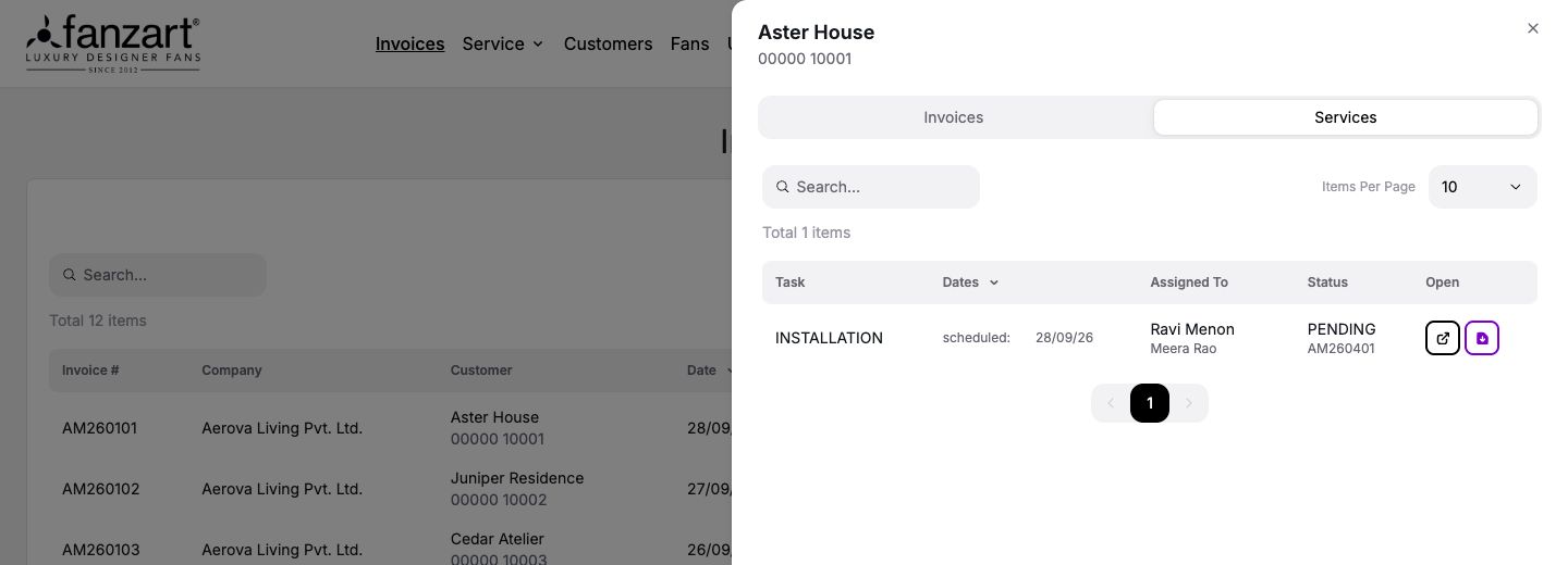 Fanzart PI invoice list with fictional Aster House’s customer history drawer open, showing an installation service request