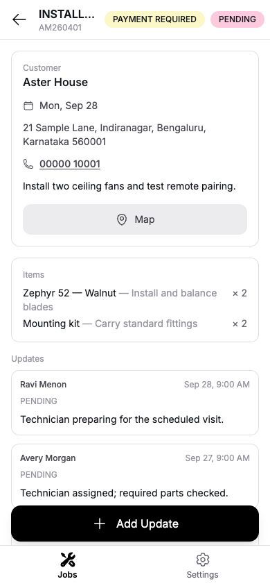 Technician mobile app showing fictional Aster House’s appointment, installation task, fan and mounting kit quantities, dated updates by Ravi Menon and Avery Morgan, and Add Update control