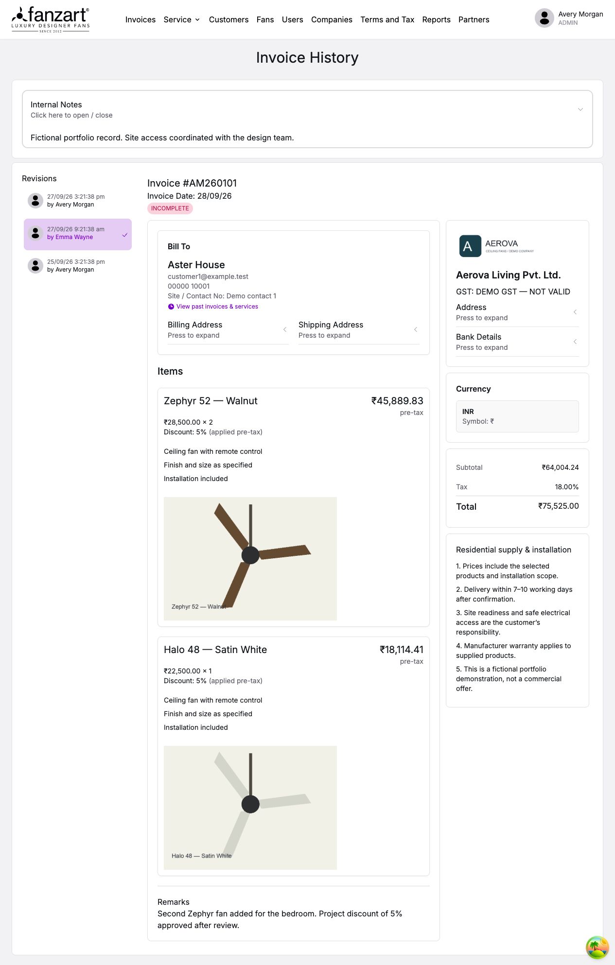 Aster House invoice revision timeline with three dated changes by fictional users and an earlier version with an approved project discount selected