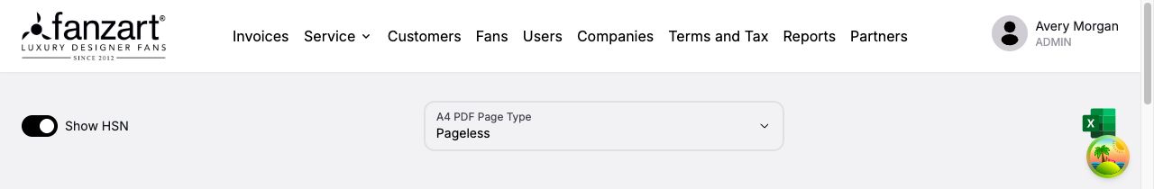 Fanzart PI document controls showing an HSN code toggle, pageless layout selection, and Excel export button