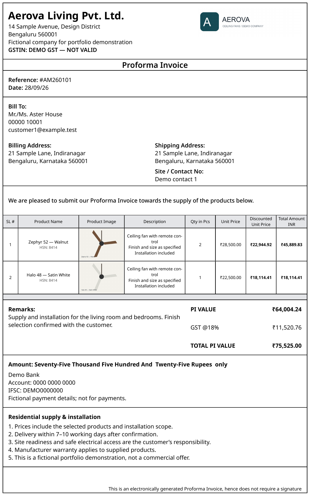 Generated Proforma Invoice PDF for fictional Aster House with Aerova branding, two fan products, tax and totals, amount in words, bank details, and terms