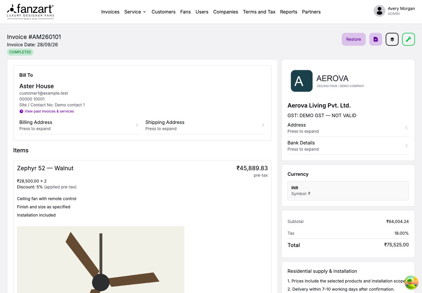 Fanzart PI invoice with fictional company and customer details, product quantities, discounts, tax, and calculated totals