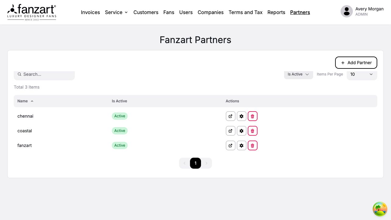 Fanzart Partners management showing three fictional workspaces with active states, settings controls, and an Add Partner button