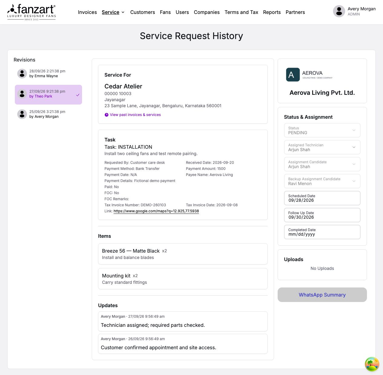 Cedar Atelier service request revision timeline with three dated changes and an earlier pending version selected