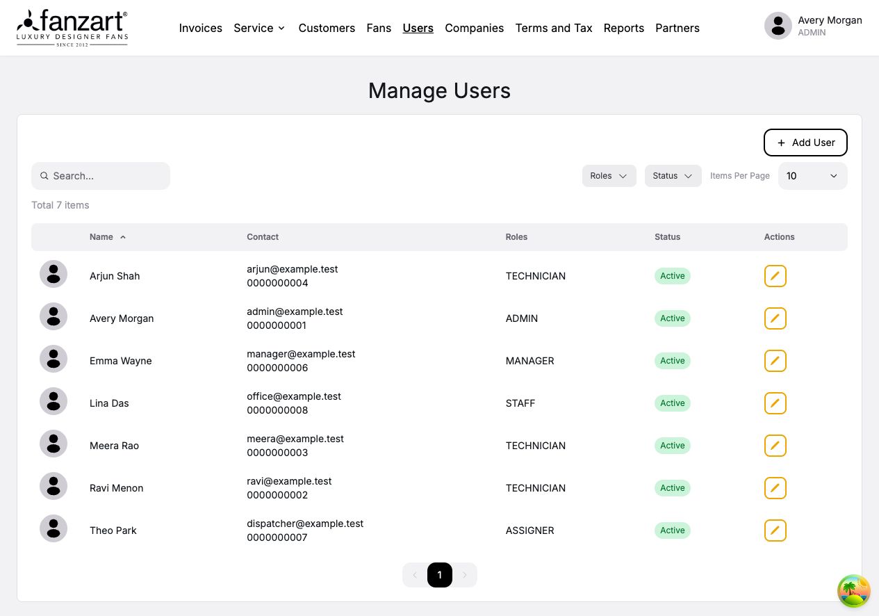 User management showing seven fictional accounts with contact details, administrator, manager, staff, assigner, or technician roles, and active status